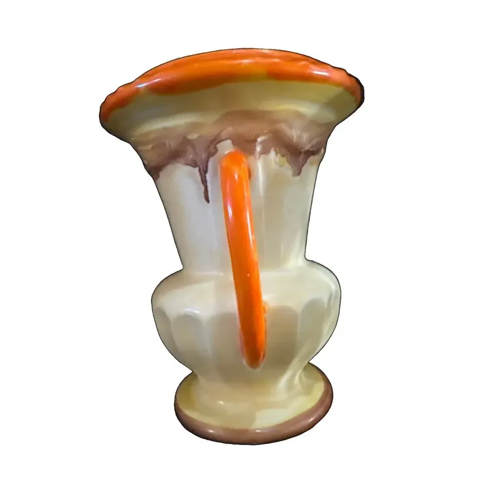 Vintage Czechoslovakia Pottery Vase 7” Two Handles Orange Cream Drip